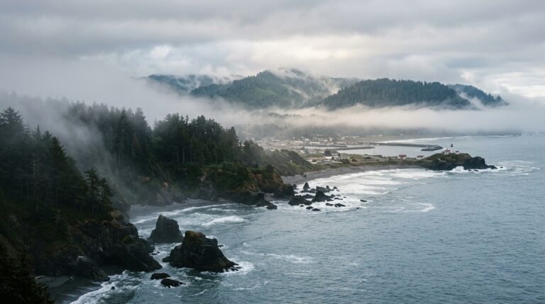 Coastal fog drifting across the Pacific shoreline near Crescent City, California