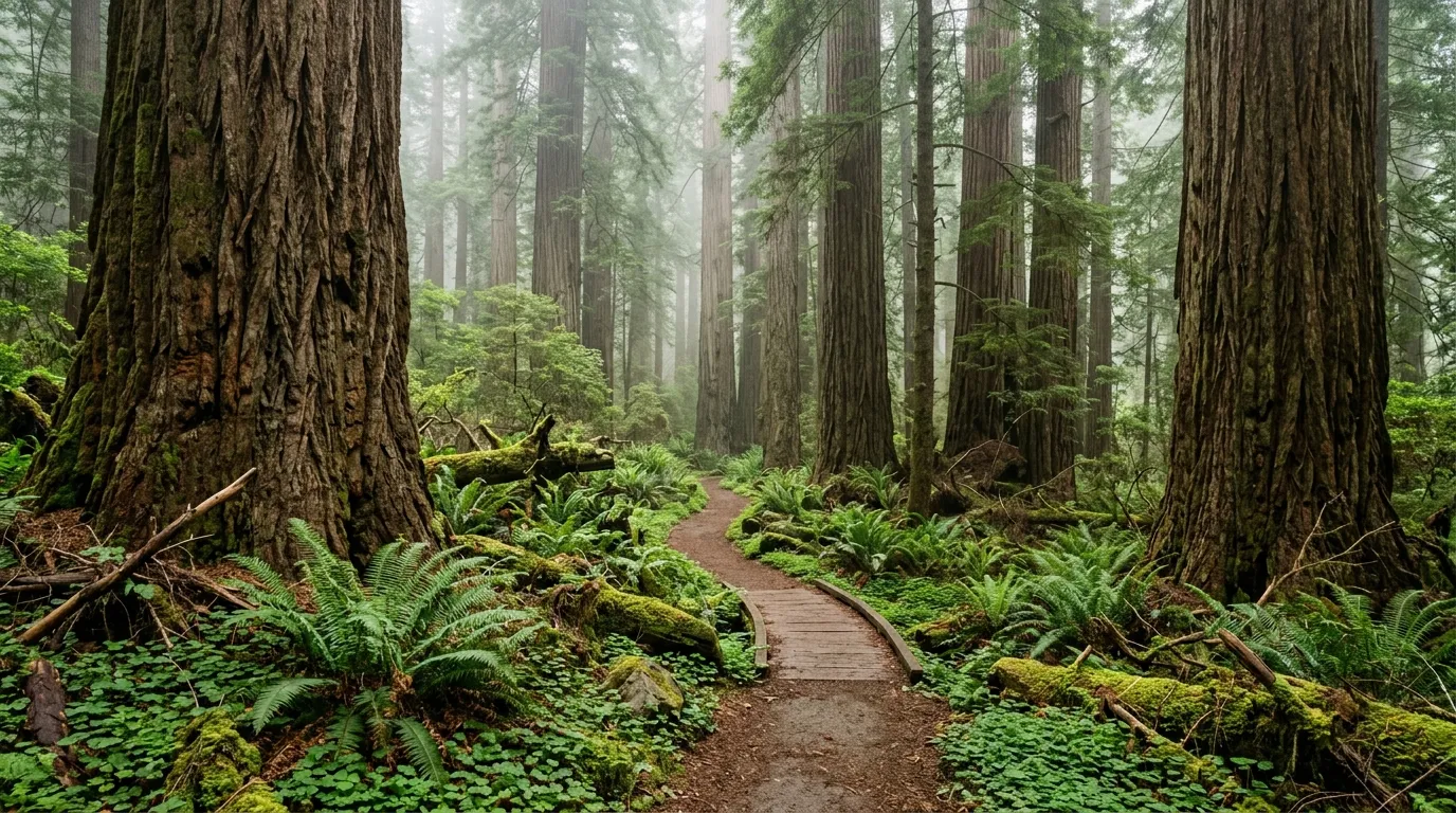 Developed trail and towering old-growth redwoods in Jedediah Smith Redwoods State Park