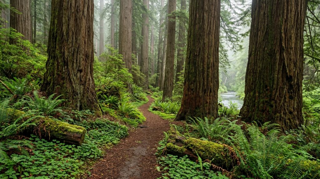 Developed trail winding through old-growth redwoods in Stout Memorial Grove