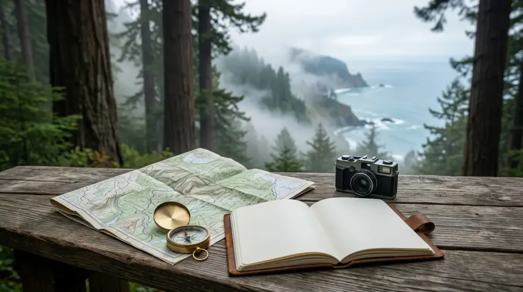 Map, compass, notebook, and camera arranged beside a redwood forest in Northern California