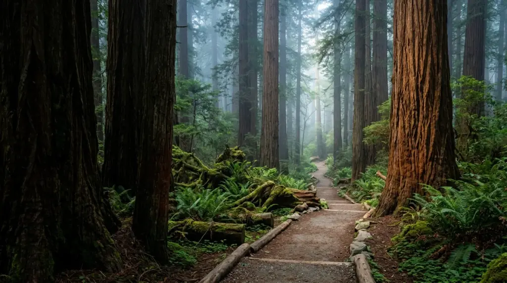 Old-growth redwood forest trail near Crescent City in Del Norte County, California