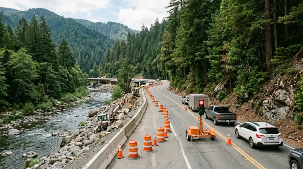 One-way traffic control in a U.S. 199 construction zone near Patrick Creek