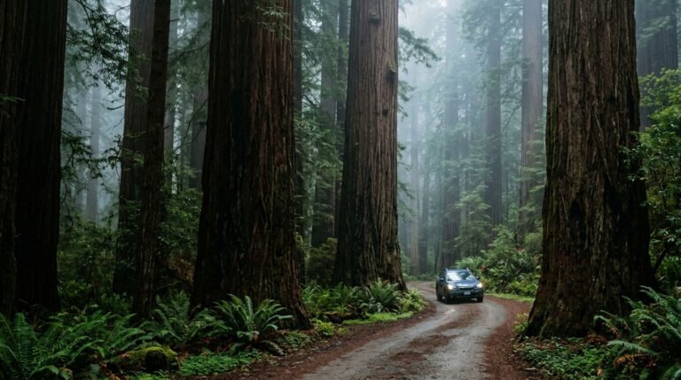 Passenger vehicle driving slowly along Howland Hill Road through old-growth redwoods