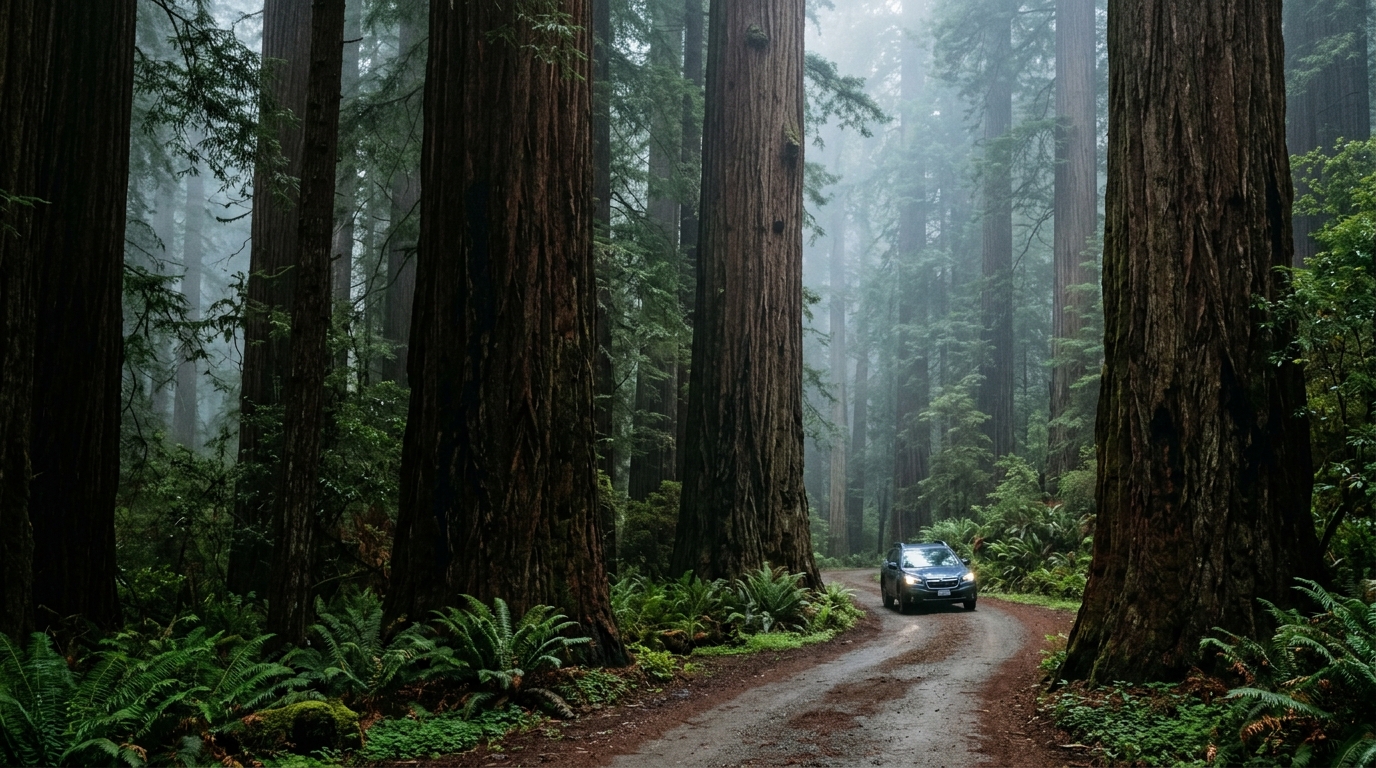 Passenger vehicle driving slowly along Howland Hill Road through old-growth redwoods