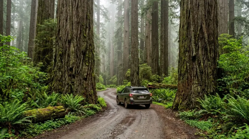 Passenger vehicle traveling along narrow Howland Hill Road through old-growth redwoods