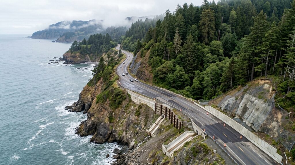 Retaining walls and roadway stabilization along Last Chance Grade on U.S. Highway 101