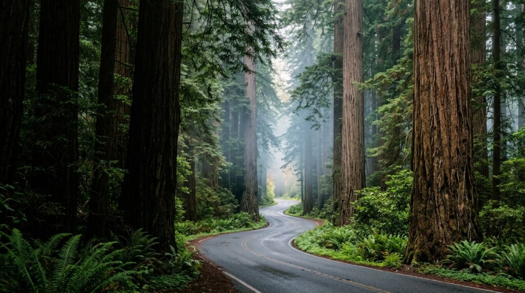 Scenic road winding through old-growth redwood forest in Del Norte County, California