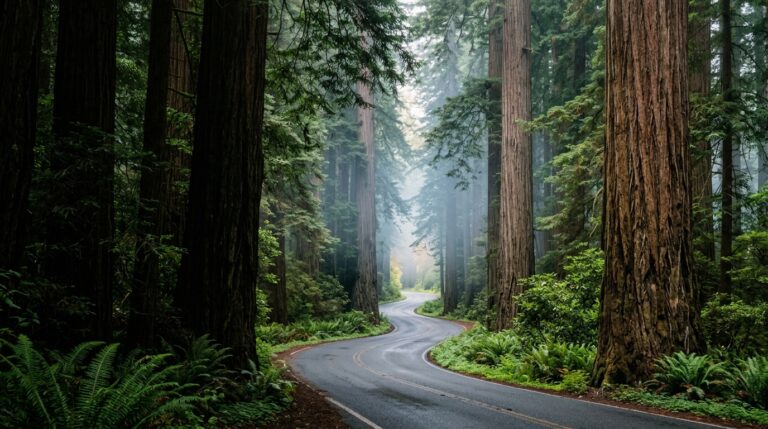 Scenic road winding through old-growth redwood forest in Del Norte County, California