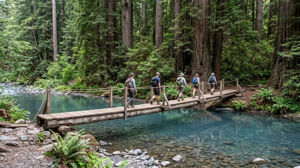 Seasonal hikers’ footbridge crossing the Smith River near Stout Memorial Grove