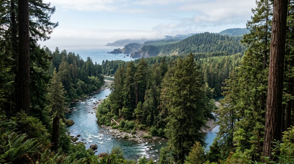 Smith River flowing through redwood forest toward the Del Norte County coast