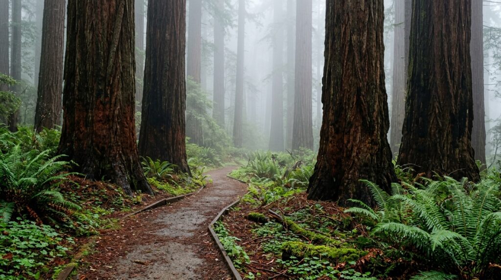 Summer fog surrounding old-growth redwoods and ferns near Crescent City