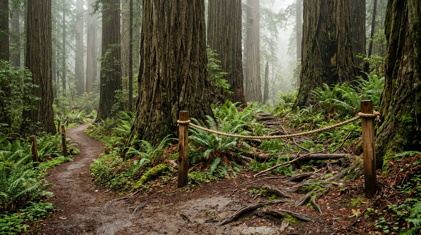 Temporary closure barrier on a redwood forest trail with an open alternative route nearby