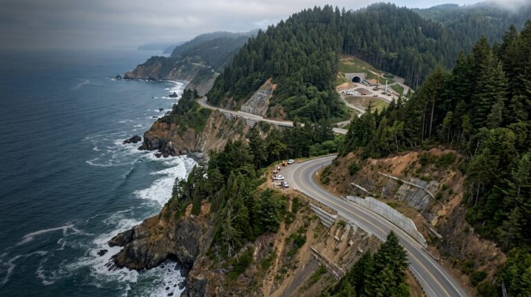 U.S. Highway 101 winding along the forested Last Chance Grade coastline in Del Norte County