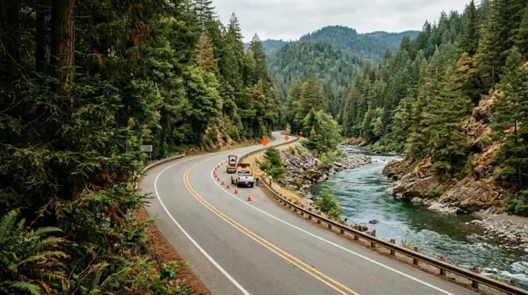 U.S. Highway 199 construction beside the Smith River in Del Norte County, California