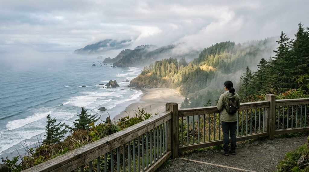 Visitor wearing a jacket at a foggy coastal viewpoint near Crescent City