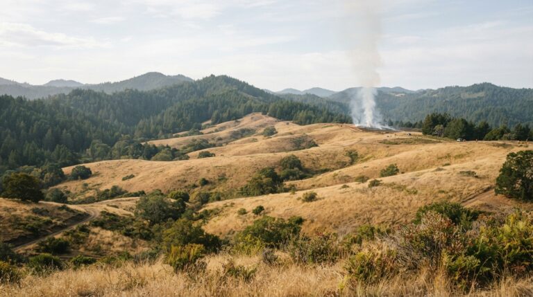 Bald Hills prescribed burns 2026 with light smoke above prairie and oak woodland in Redwood National and State Parks