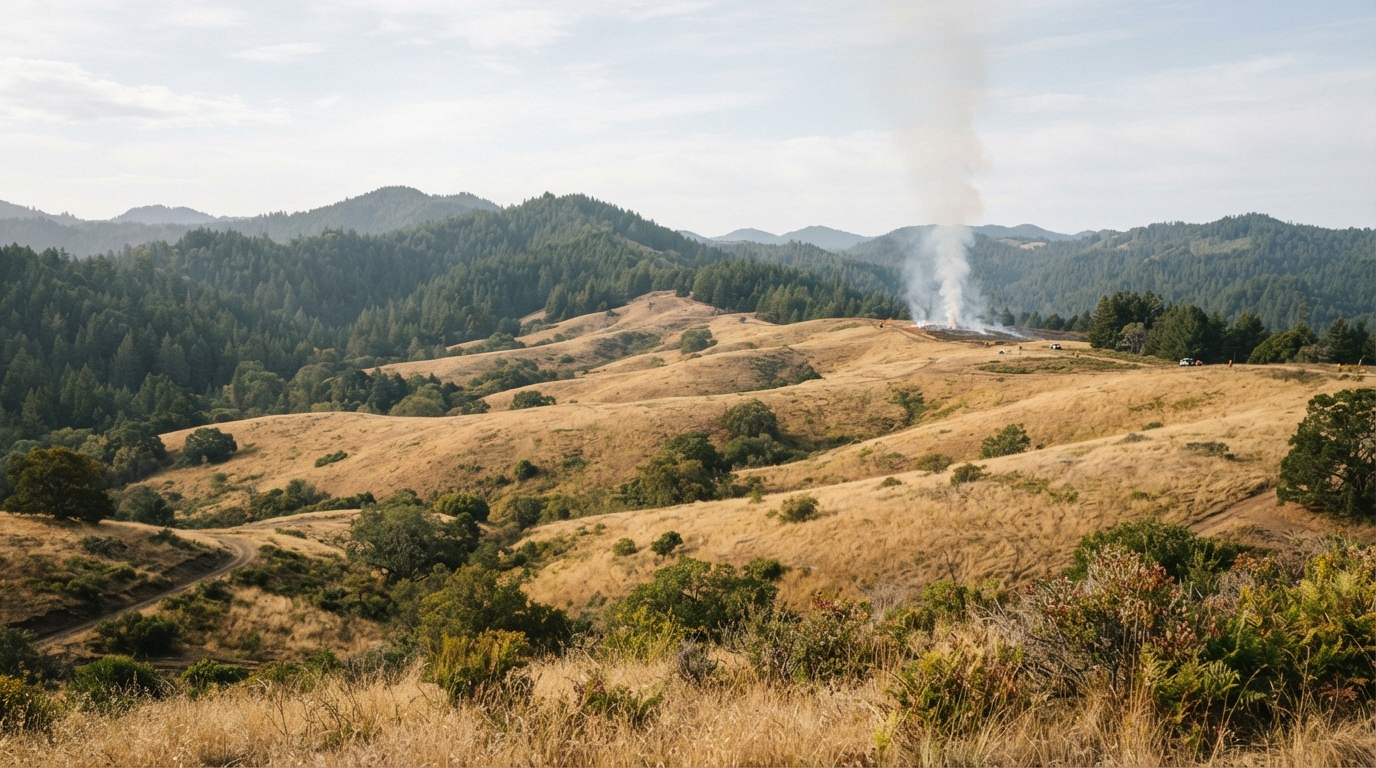 Bald Hills prescribed burns 2026 with light smoke above prairie and oak woodland in Redwood National and State Parks