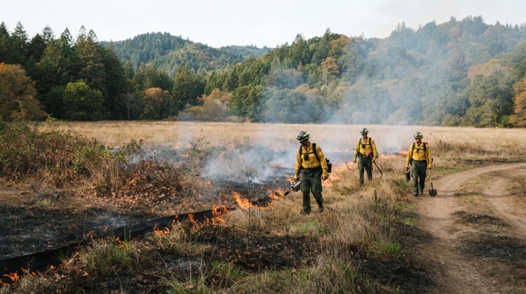 Fire crews conducting a low-intensity prescribed burn in the Bald Hills of Redwood National and State Parks