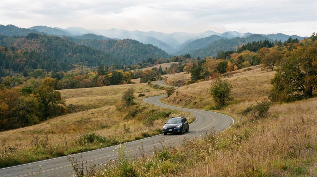 Vehicle traveling Bald Hills Road during fall prescribed fire season near the Northern California redwoods